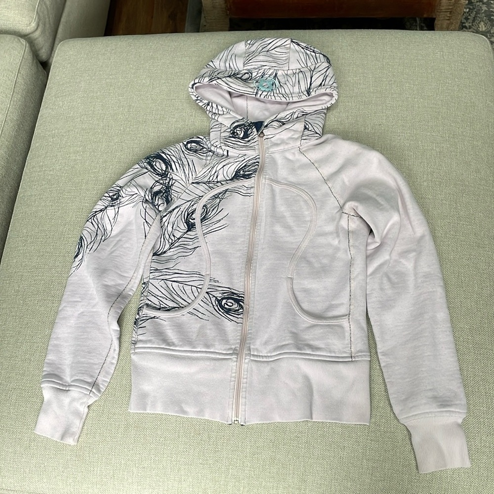 Lululemon pink and navy full zip scuba hoodie. Size 2. Worn in fair condition.
